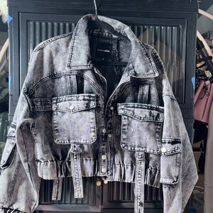 Fashion Nova Black and White Distressed Denim Jacket